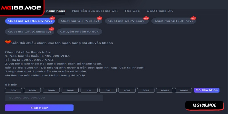 Nạp tiền MG188 hỗ trợ nhiều phương thức dễ lựa chọn